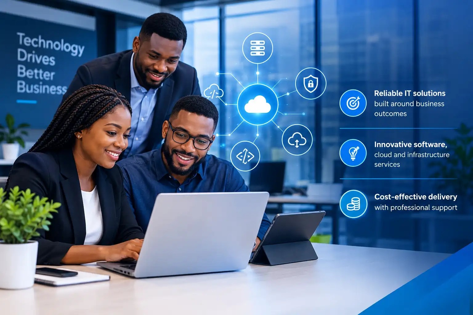 Maninfocus Technologies consultants collaborating in a modern workspace